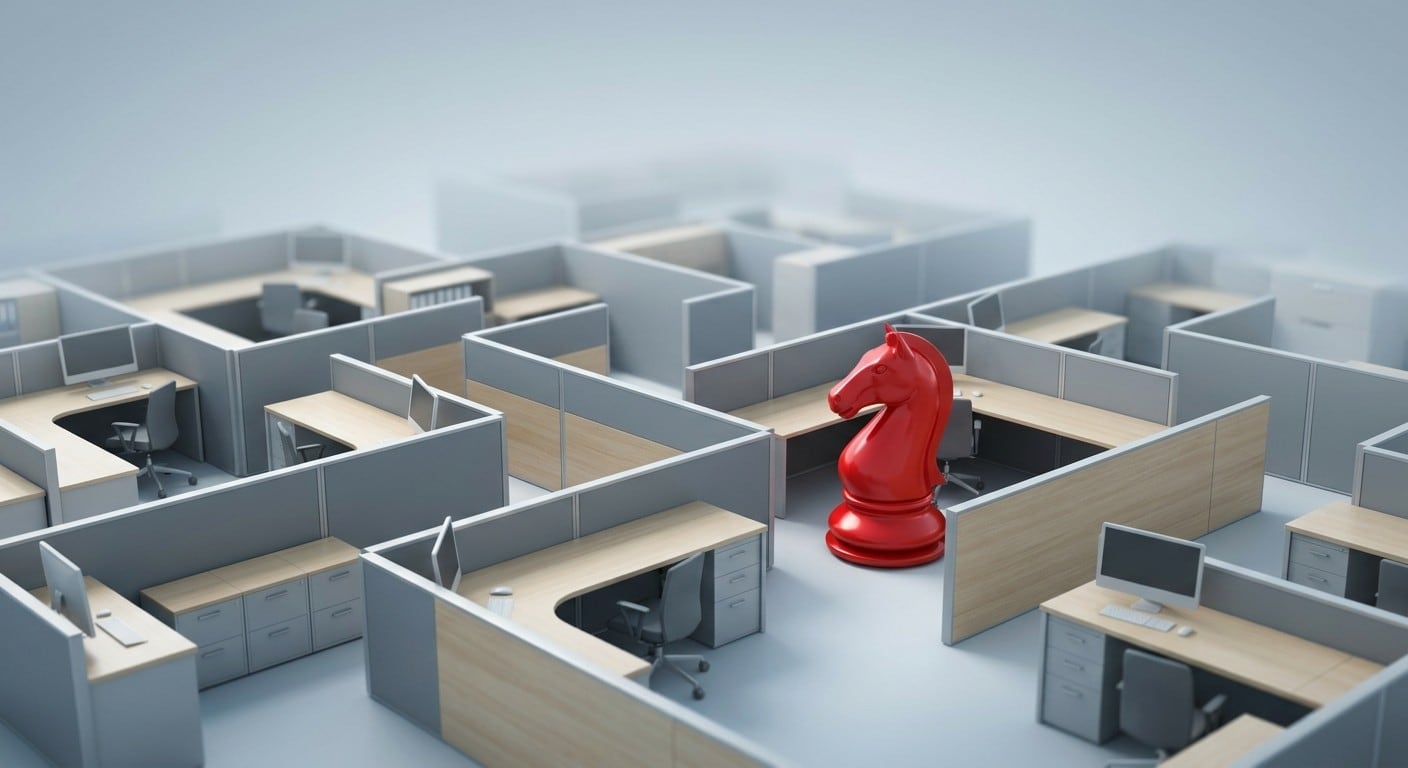A red chess knight in a grid of identical office cubicles: where you sit on the map shapes your position.